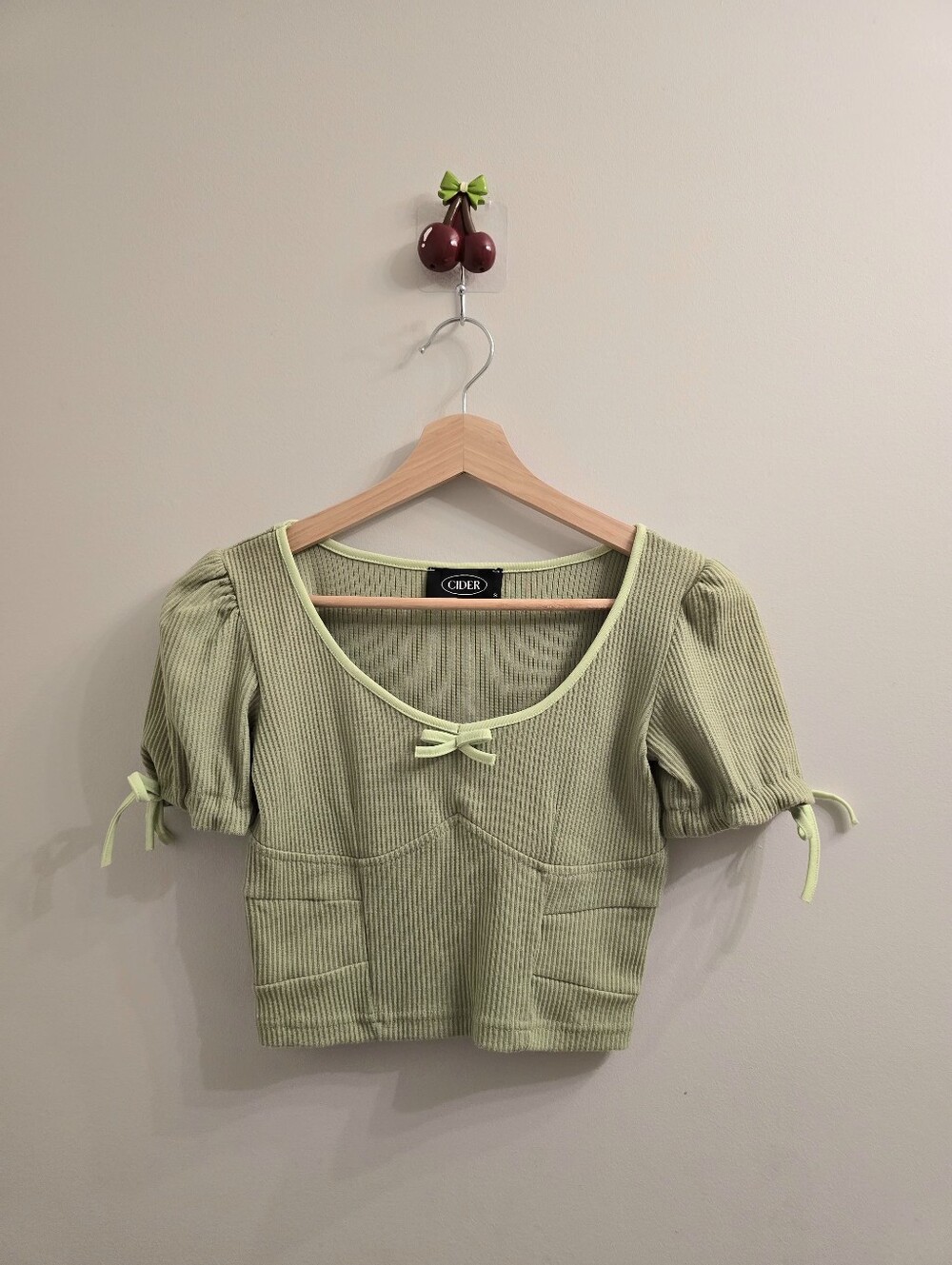 Cider Light Green Ribbed Puff-Sleeve Cropped Top with Bows